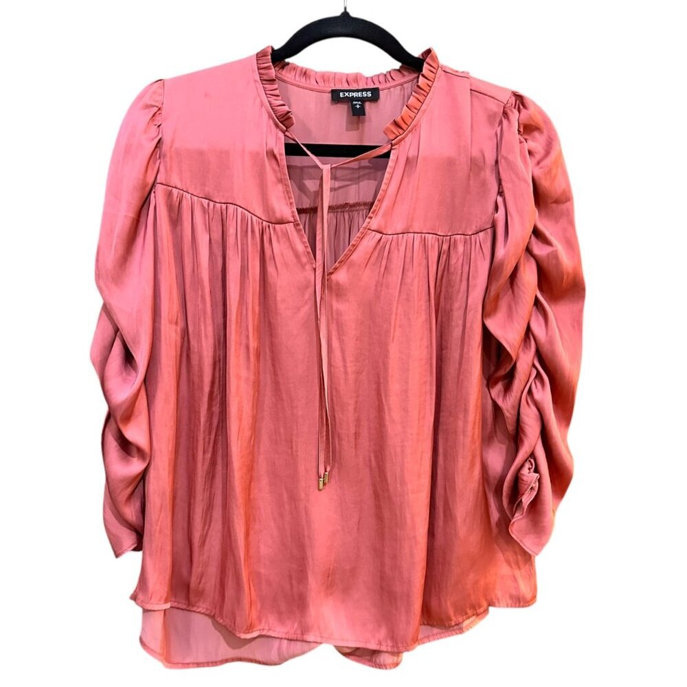 Express Blouse Ruched Sleeve Coral Tie Neck Flowy Fairy Career Office‎ Size S